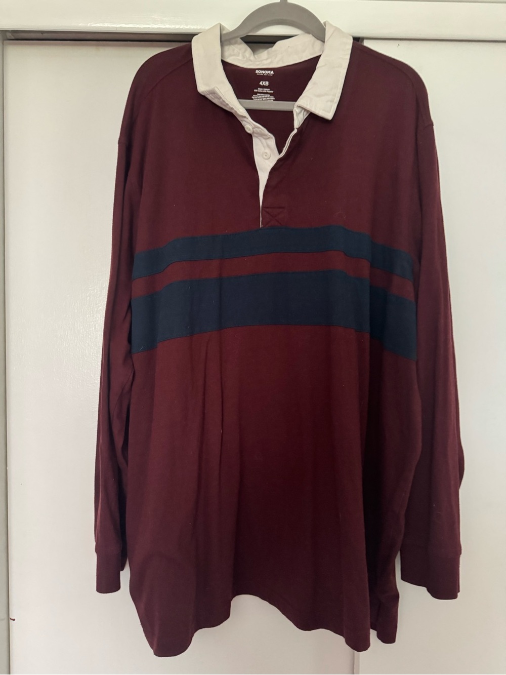 Sonoma Long-Sleeve Rugby Shirt in Burgundy with Navy Stripe and White Collar